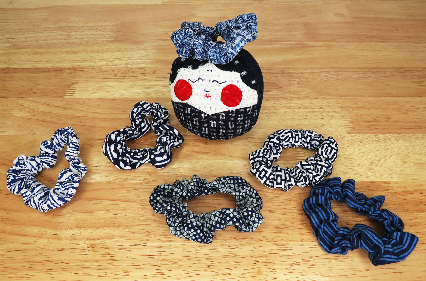 Scrunchies made with geometric yukata cottons from Okan Arts Japanese Textile Shop