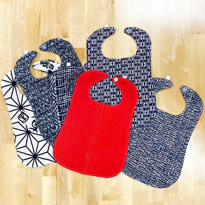 Geo Scrap Pack from Okan Arts: Make 6 yukata-cotton-lined baby bibs with a Geo Scrap Pack and old jeans.